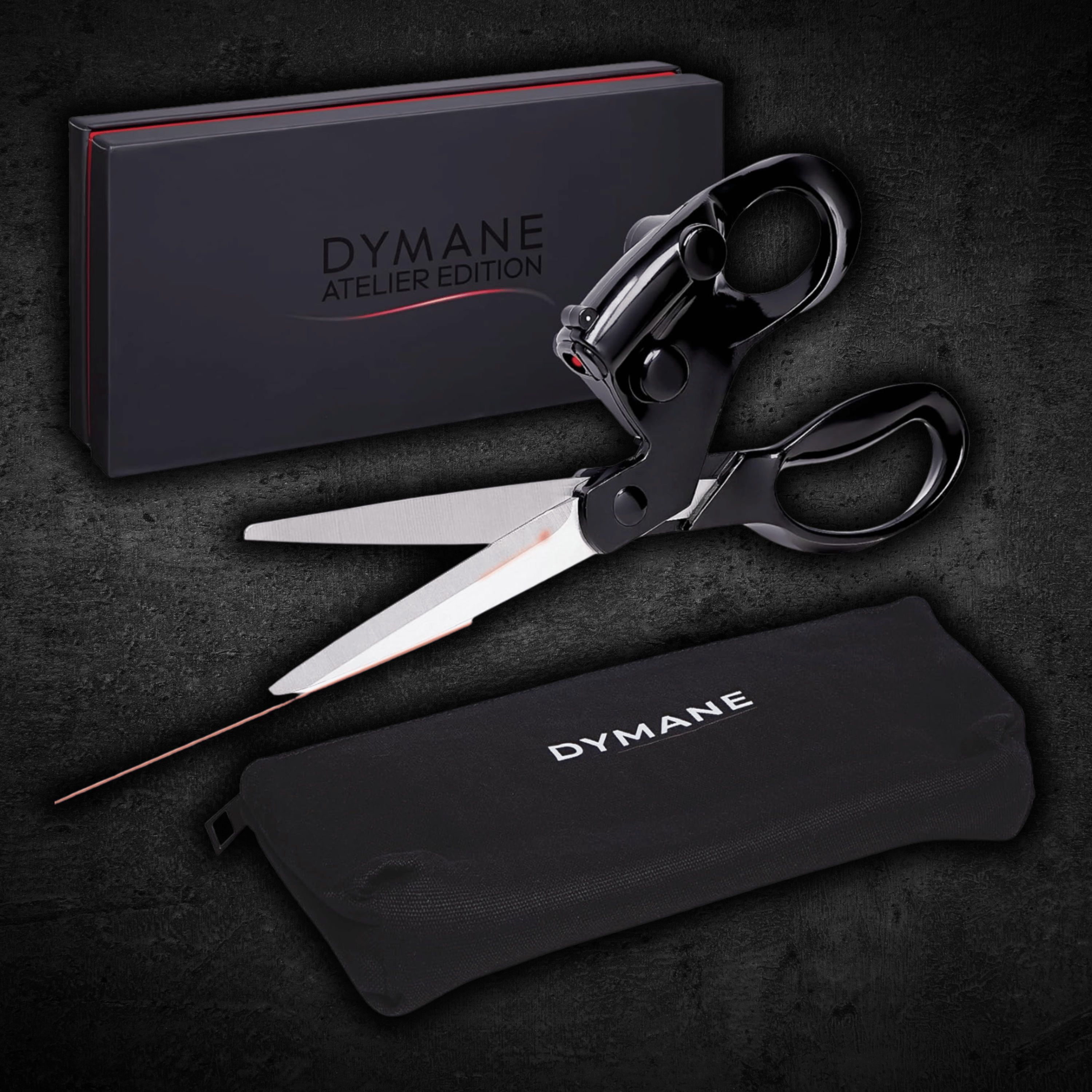 DYMANE 3-piece bundle: laser-guided scissors, storage pouch and gift box with premium DYMANE branding
